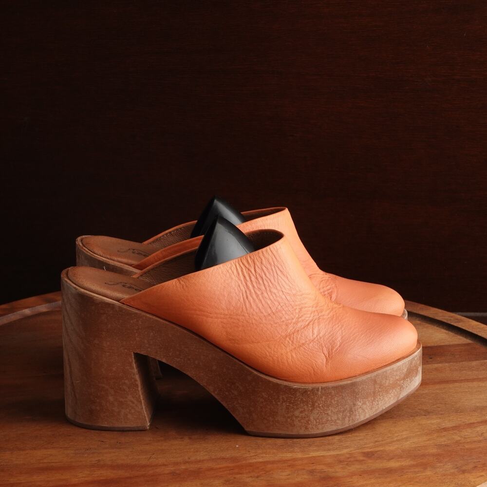 Free People Leather Platform Mules in Orange and Brown